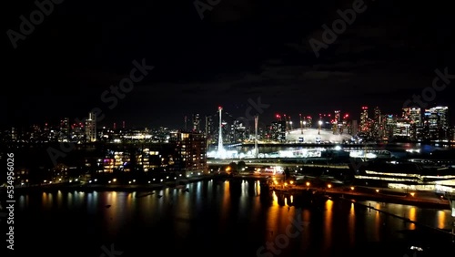 Panning Timelapse of Royal Victoria Dock and Canary Wharf at Night, Newham, London, United Kingdom