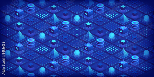 Abstract technology background. Blockchain concept banner. Isometric digital blocks connection with each other crypto chain. Blocks and cubes engineering innovations design. Vector illustration