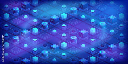 Abstract technology background. Blockchain concept banner. Isometric digital blocks connection with each other crypto chain. Blocks and cubes engineering innovations design. Vector illustration