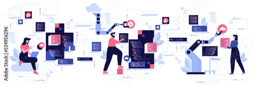 People characters developing software program and mobile app. Developers programming and writing program code. Programming and engineering development process concept. Vector illustration