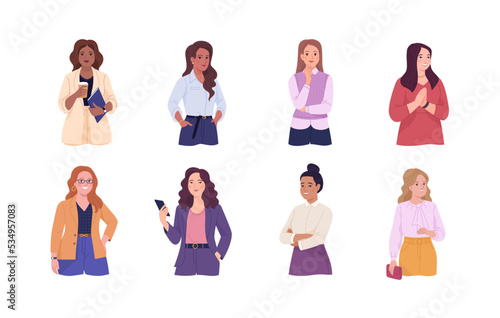 Business ladies avatars collection. Vector illustration in the flat cartoon style of business women of different ages and races in suits and with accessories of office employees. Isolated on white