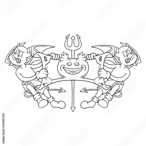 Coloring illustration of cartoon demons fighting for money