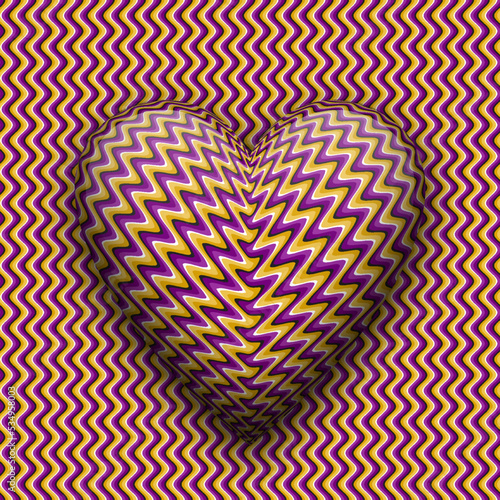 Optical illusion moving heart on wavy striped background.