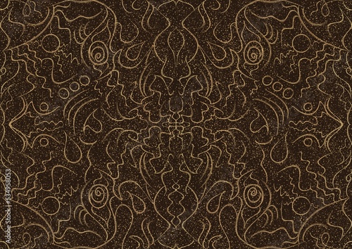 Hand-drawn unique abstract symmetrical seamless gold ornament with golden glittery splatter on a dark brown background. Paper texture. Digital artwork, A4. (pattern: p07-1a)