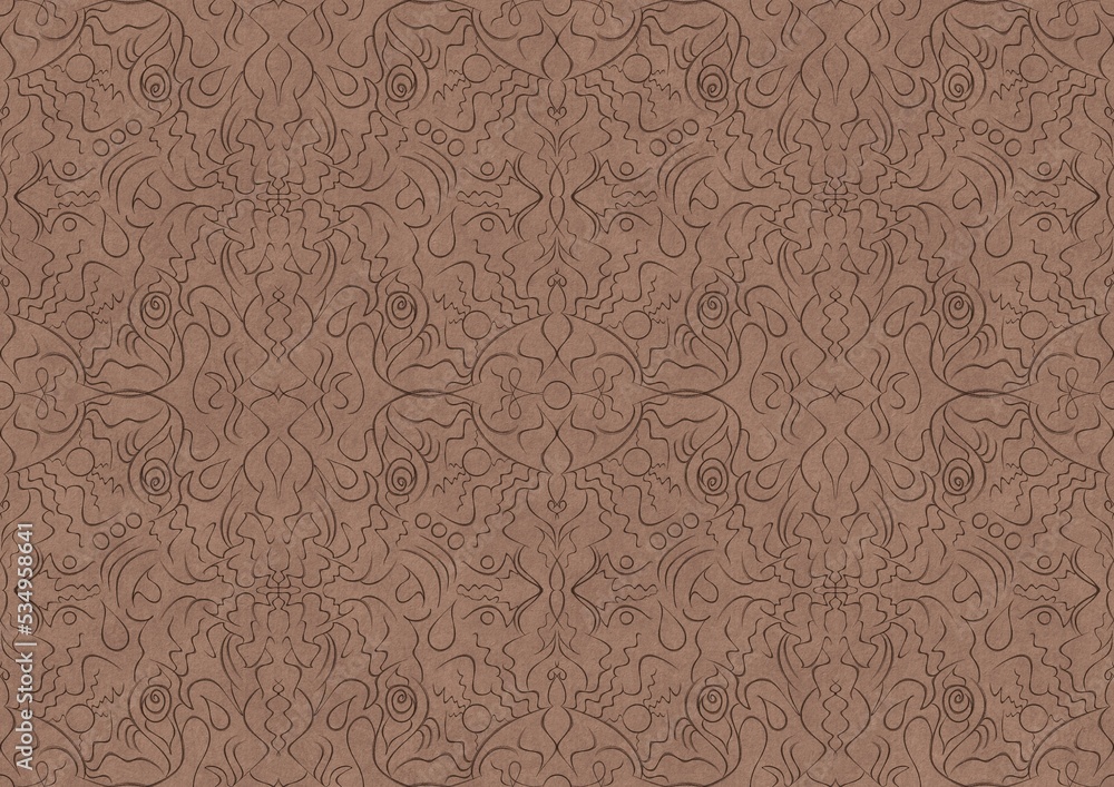 Hand-drawn unique abstract symmetrical seamless ornament. Brown on a light brown background. Paper texture. Digital artwork, A4. (pattern: p07-1b) Hand-drawn unique abstract symmetrical seamless ornament. Brown on a light brown background. Paper texture. Digital artwork, A4. (pattern: p07-1b)