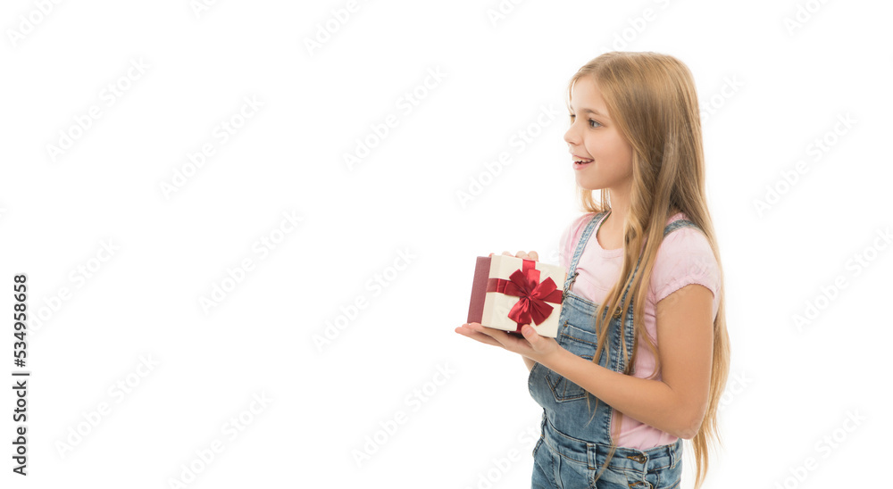 Happy girl holding present box isolated on white. Teenage girl with birthday present Happy girl holding present box isolated on white. Teenage girl with birthday present