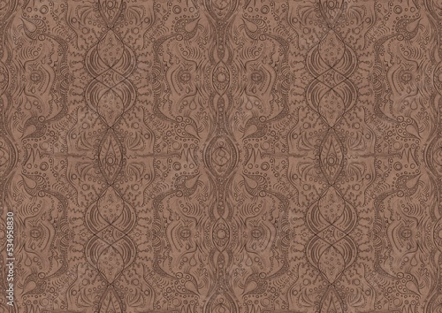 Hand-drawn unique abstract symmetrical seamless ornament. Brown on a light brown background. Paper texture. Digital artwork, A4. (pattern: p09b)