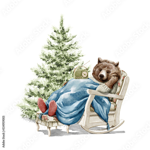 Watercolor Christmas vintage bear in sweater clothes listen radio receiver and sleep in rocking chair near the fir tree isolated on white background. Hand drawn illustration sketch