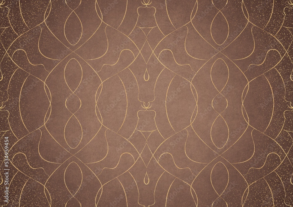 Hand-drawn unique abstract gold ornament on a light brown background, with vignette of darker background color and splatters of golden glitter. Paper texture. Digital artwork, A4. (pattern: p08-1b) Hand-drawn unique abstract gold ornament on a light brown background, with vignette of darker background color and splatters of golden glitter. Paper texture. Digital artwork, A4. (pattern: p08-1b)