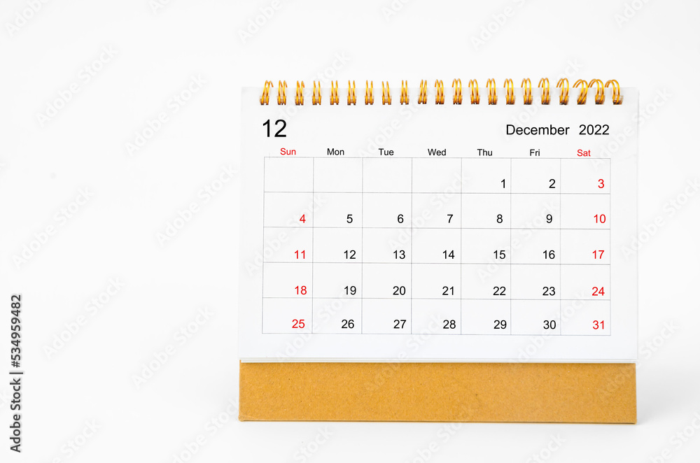 The December 2022 Monthly desk calendar for 2022 year isolated on white background. The December 2022 Monthly desk calendar for 2022 year isolated on white background.