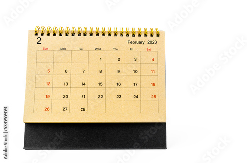 The February 2023 Monthly desk calendar for 2023 year isolated on white background.