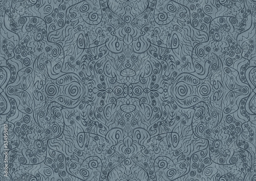 Hand-drawn unique abstract symmetrical seamless ornament. Dark blue on a light blue background. Paper texture. Digital artwork, A4. (pattern: p06a)