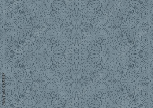 Hand-drawn unique abstract symmetrical seamless ornament. Dark blue on a light blue background. Paper texture. Digital artwork, A4. (pattern: p07-1b)