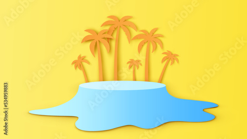 Seawater circle stage podium scene with coconut trees background. Summer stage podium mockup template. paper cut and craft style. vector, illustration.