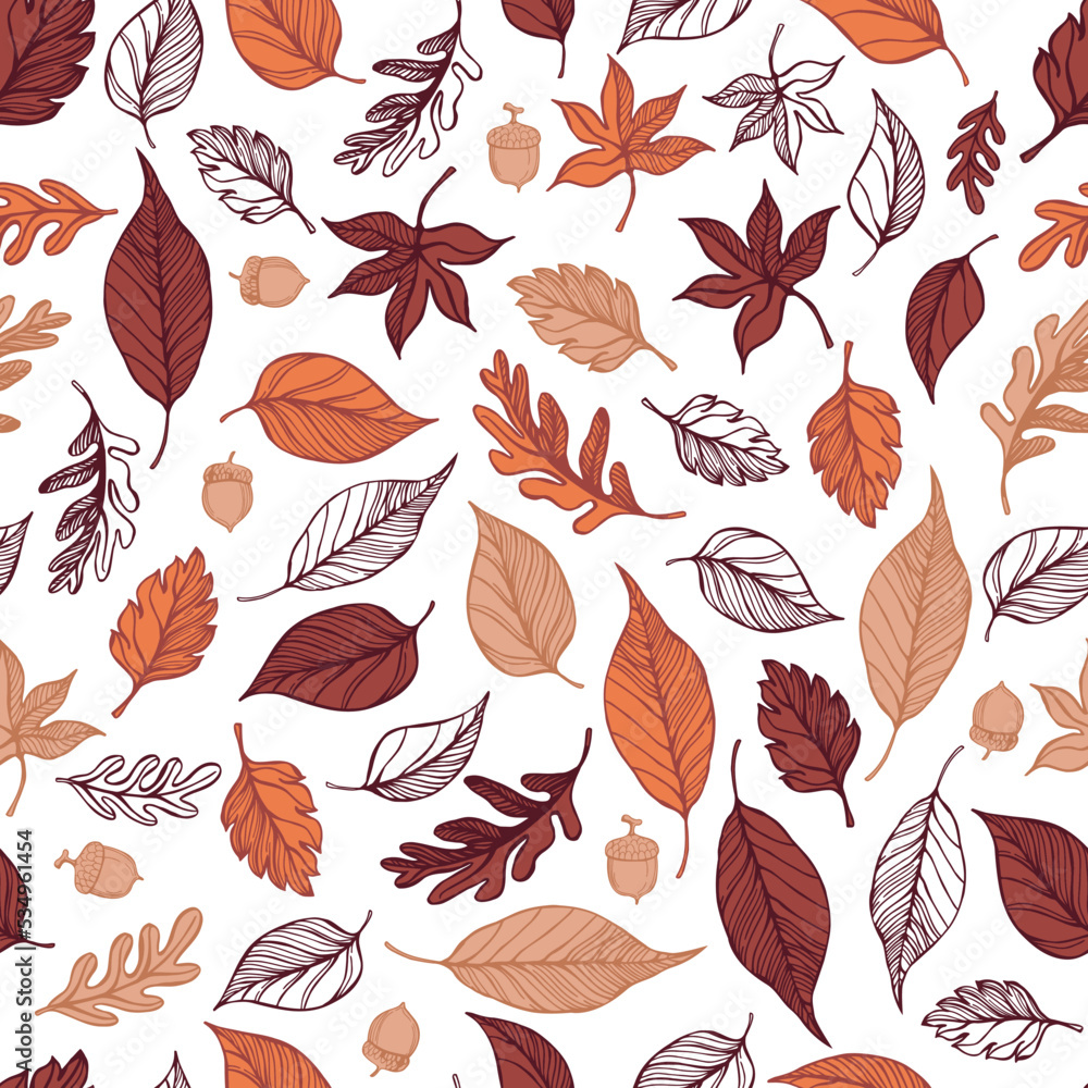 Hand drawn autumn leaves and berries.  Vector  seamless pattern.
