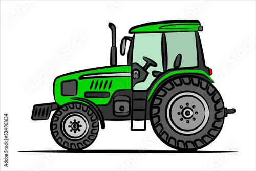 A hand drawn art of a green tractor. Wheeled tractor, side view.  Modern flat vector illustration. Side view of modern farm tractor