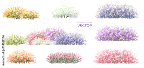 Vector watercolor blooming flower,tree or forest side view isolated on white background for landscape and architecture drawing,elements for environment or and garden,botanical for section in spring
