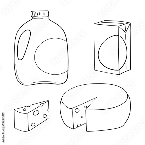 Monochrome set of icons, Dairy products, bags of cheese and milk, vector cartoon