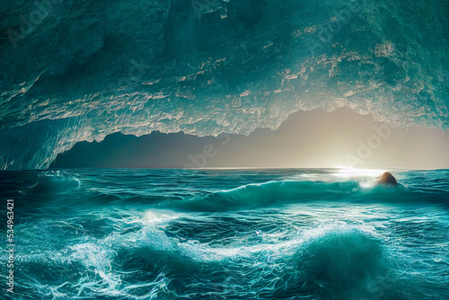 Looking out a gigantic ice cave in the ocean. Sun rise, clear skies, waves, crystal-clear turbulent water. Abstract landscape. digital art © Katynn