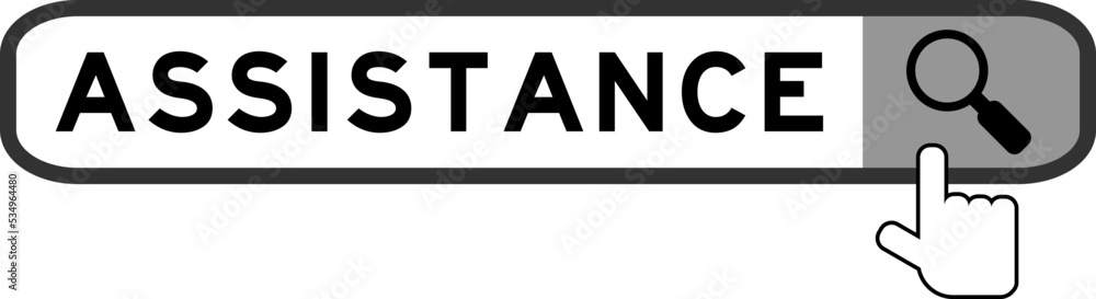 Search banner in word assistance with hand over magnifier icon on white background Search banner in word assistance with hand over magnifier icon on white background