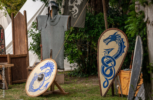 viking camp with sheilds and armour ,historical re enactment