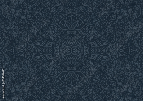 Hand-drawn unique abstract symmetrical seamless ornament. Light blue on a deep blue background. Paper texture. Digital artwork, A4. (pattern: p06a)