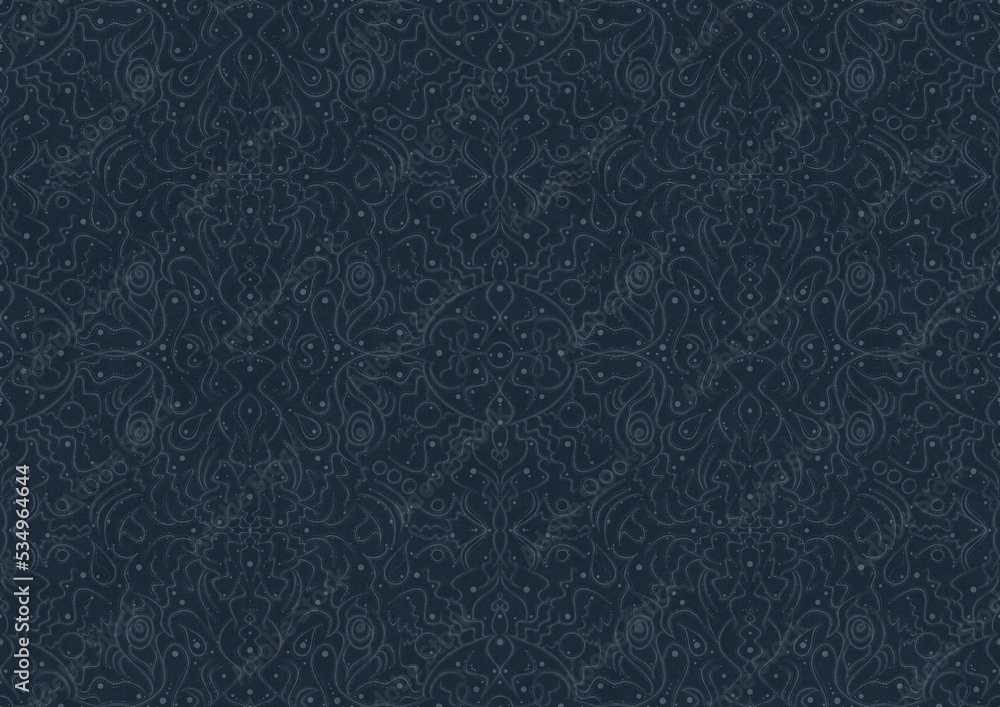 Hand-drawn unique abstract symmetrical seamless ornament. Light blue on a deep blue background. Paper texture. Digital artwork, A4. (pattern: p07-2b) Hand-drawn unique abstract symmetrical seamless ornament. Light blue on a deep blue background. Paper texture. Digital artwork, A4. (pattern: p07-2b)