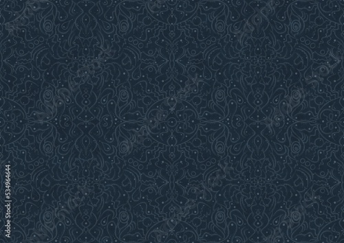 Hand-drawn unique abstract symmetrical seamless ornament. Light blue on a deep blue background. Paper texture. Digital artwork, A4. (pattern: p07-2b)