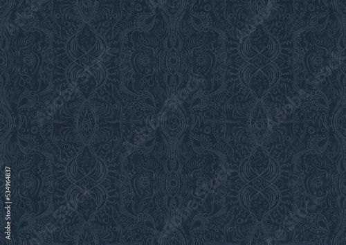 Hand-drawn unique abstract symmetrical seamless ornament. Light blue on a deep blue background. Paper texture. Digital artwork, A4. (pattern: p09b)