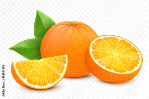 Fresh orange fruits, juicy orange with leaves, half, slice, and whole fruit, isolated on white background. Realistic 3d vector illustration