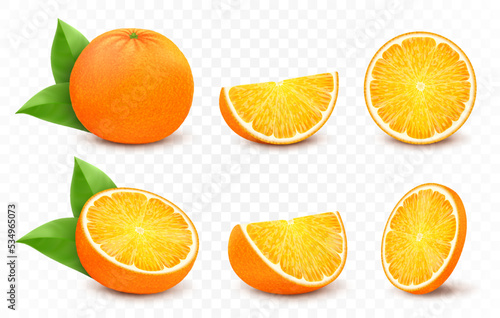 Orange with leaves, half, slice, circle and whole juicy fruit isolated on white background. Realistic 3d vector citrus set