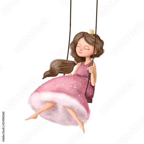 cute princess on swing, watercolor illustration with cartoon character