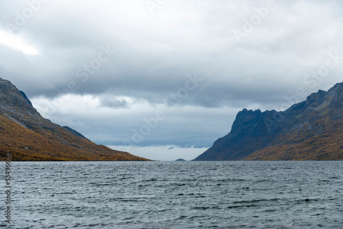 Cloudy weather in Senja island fjord, Norway © Amaiquez