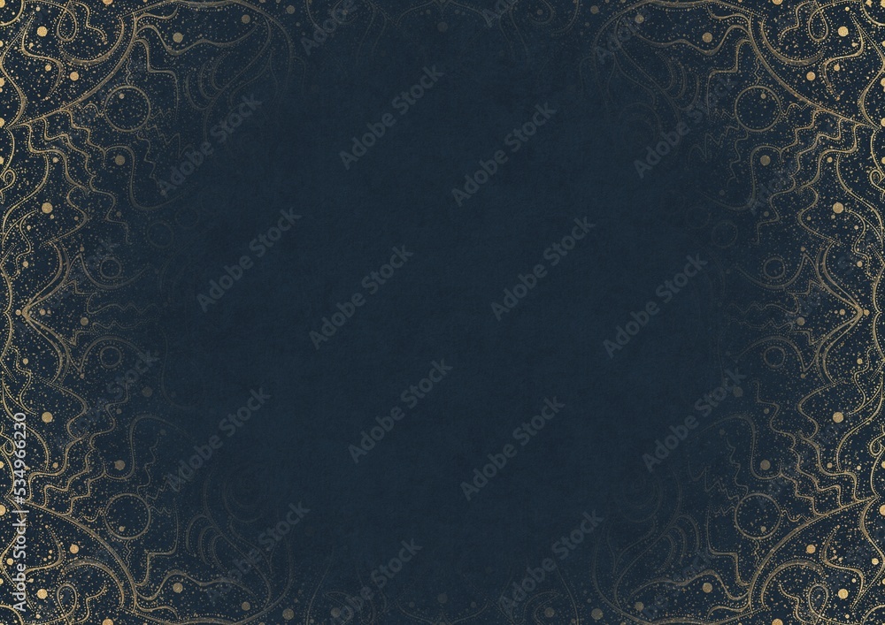 Deep blue textured paper with vignette of golden hand-drawn pattern with golden glittery splatter. Copy space. Digital artwork, A4. (pattern: p07-2a) Deep blue textured paper with vignette of golden hand-drawn pattern with golden glittery splatter. Copy space. Digital artwork, A4. (pattern: p07-2a)