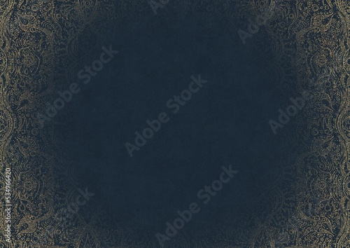 Deep blue textured paper with vignette of golden hand-drawn pattern with golden glittery splatter. Copy space. Digital artwork, A4. (pattern: p09b)