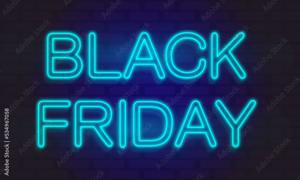 Neon trendy geometric black friday sign. blue glowing memphis black with handwritten friday words. Square line art 1980s style neon illustration on brick wall background