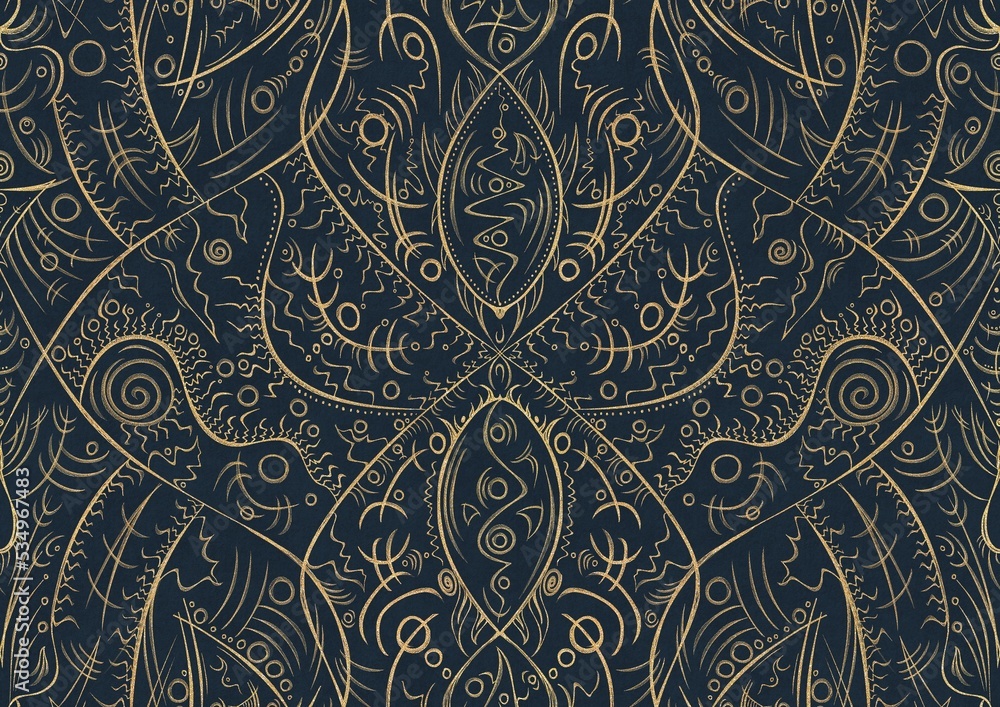 Hand-drawn unique abstract symmetrical seamless gold ornament on a deep blue background. Paper texture. Digital artwork, A4. (pattern: p08-2a)