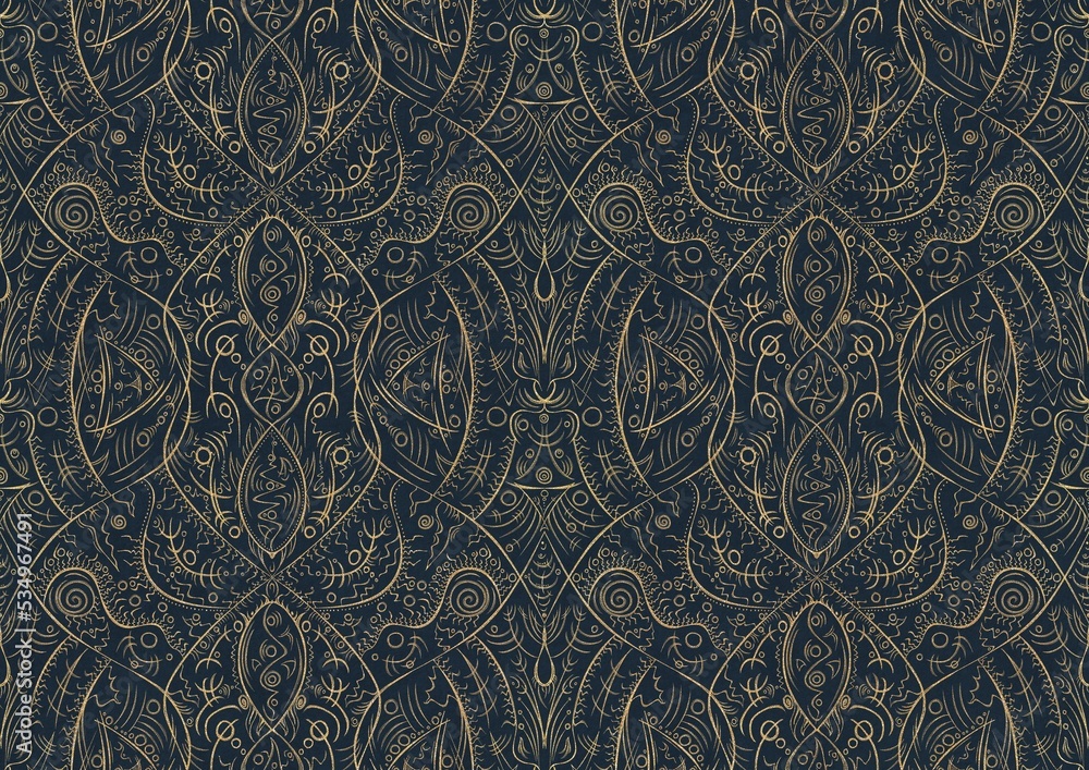 Hand-drawn unique abstract symmetrical seamless gold ornament on a deep blue background. Paper texture. Digital artwork, A4. (pattern: p08-2b)