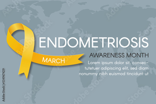 Endometriosis awareness month banner. Yellow ribbon, space for text, world map. Vector flat illustration.