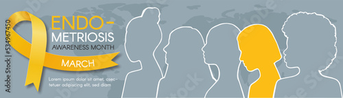 Endometriosis awareness month horizontal long banner. Yellow ribbon, space for text and diverse women silhouettes. Vector flat illustration.