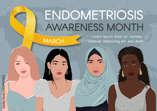 Endometriosis awareness month horizontal banner. Yellow ribbon, space for text and diverse women. Vector flat illustration.