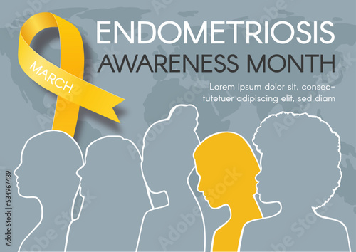 Endometriosis awareness month horizontal poster. Yellow ribbon, space for text and diverse women silhouettes. Vector flat illustration.