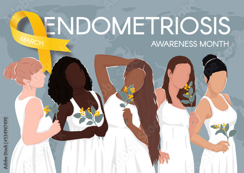 Endometriosis awareness month horizontal poster. Yellow ribbon, space for text and diverse women. Vector flat illustration.