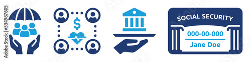 Social security benefits icon set. Containing social security card, insurance, pension and law protection icon. Vector illustration.