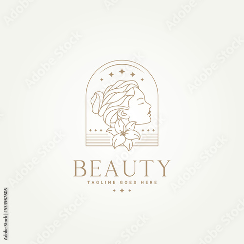minimalist beauty woman badge line art icon label logo template vector illustration design. simple modern beauty lady with flower for beauty salon, health industry, and makeup logo concept