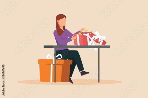 Young woman unboxing gift from her friend. Giving season go concept. Colored flat vector illustration.