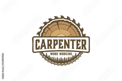 Capenter wood work logo design wood plane circular saw vintage timber lumberjack workshop wood log element