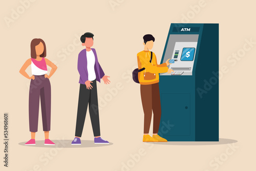 View of People waiting queue at the ATM machine. ATM concept. Colored flat vector illustration. 