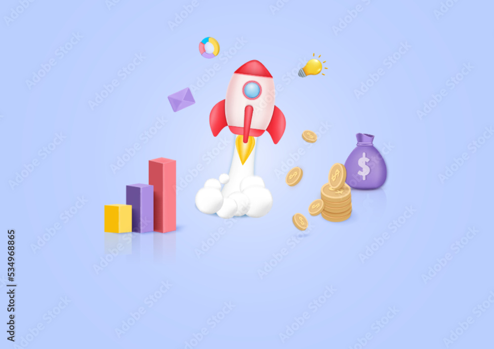 Startup concept 3d illustration. Icon composition on growth bar graph business startup concept. with rocket launch, money coins and graphics.