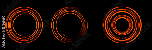 Gradient neon circle frame set. Line light. Glowing border isolated on dark background. Colorful night banner, vector light effect. Bright luminous form.